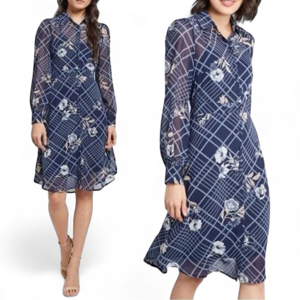 ModCloth Captivation Sheer Navy Floral Pattern Tie Waist Shirt Dress